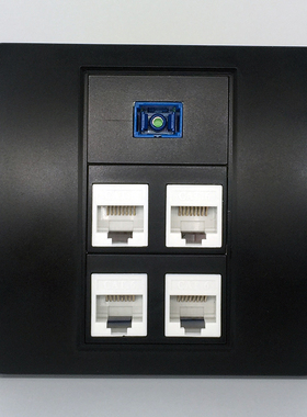 黑色86型四口千兆网络光纤面板SC光钎宽带+CAT6六类网络电脑插座