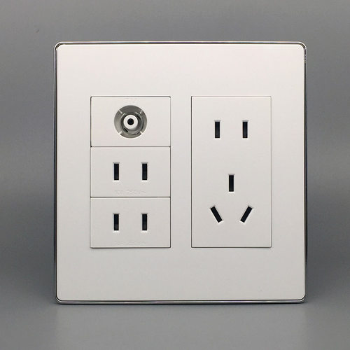 白色银边120型五孔带电视 二三插电源插座 有线闭路数字电视TV口