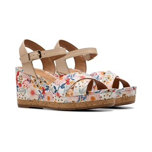 Clarks其乐女鞋时尚碎花凉鞋坡跟一字带鞋Chicly Floral代购