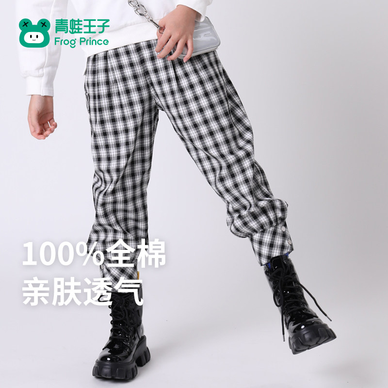 青蛙王子童装女童纯棉裤子春秋款儿童秋季格纹休闲长裤女孩卫裤