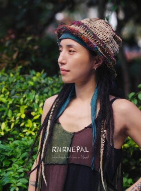 RNRNEPAL五彩条纹渔夫帽手工钩织丝绸汉麻遮阳帽男复古嬉皮帽子女