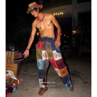 长裤 子女纯棉拼接民族风宽松棉麻工装 手工拓印男嬉皮裤 复古休闲裤