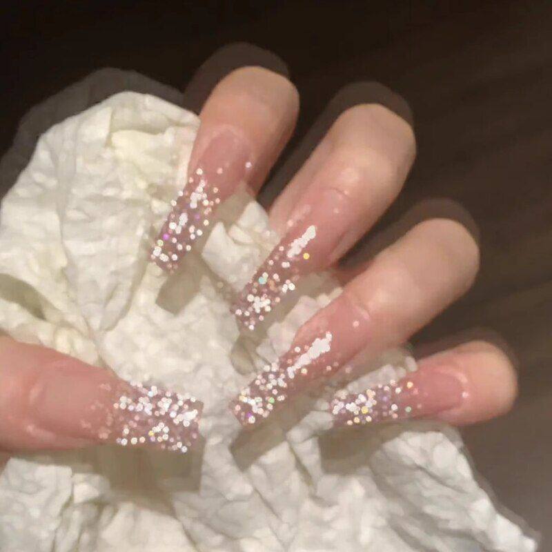 照显白新娘婚纱指甲纯欲风简约长款爆闪新款美甲手工穿戴甲星空