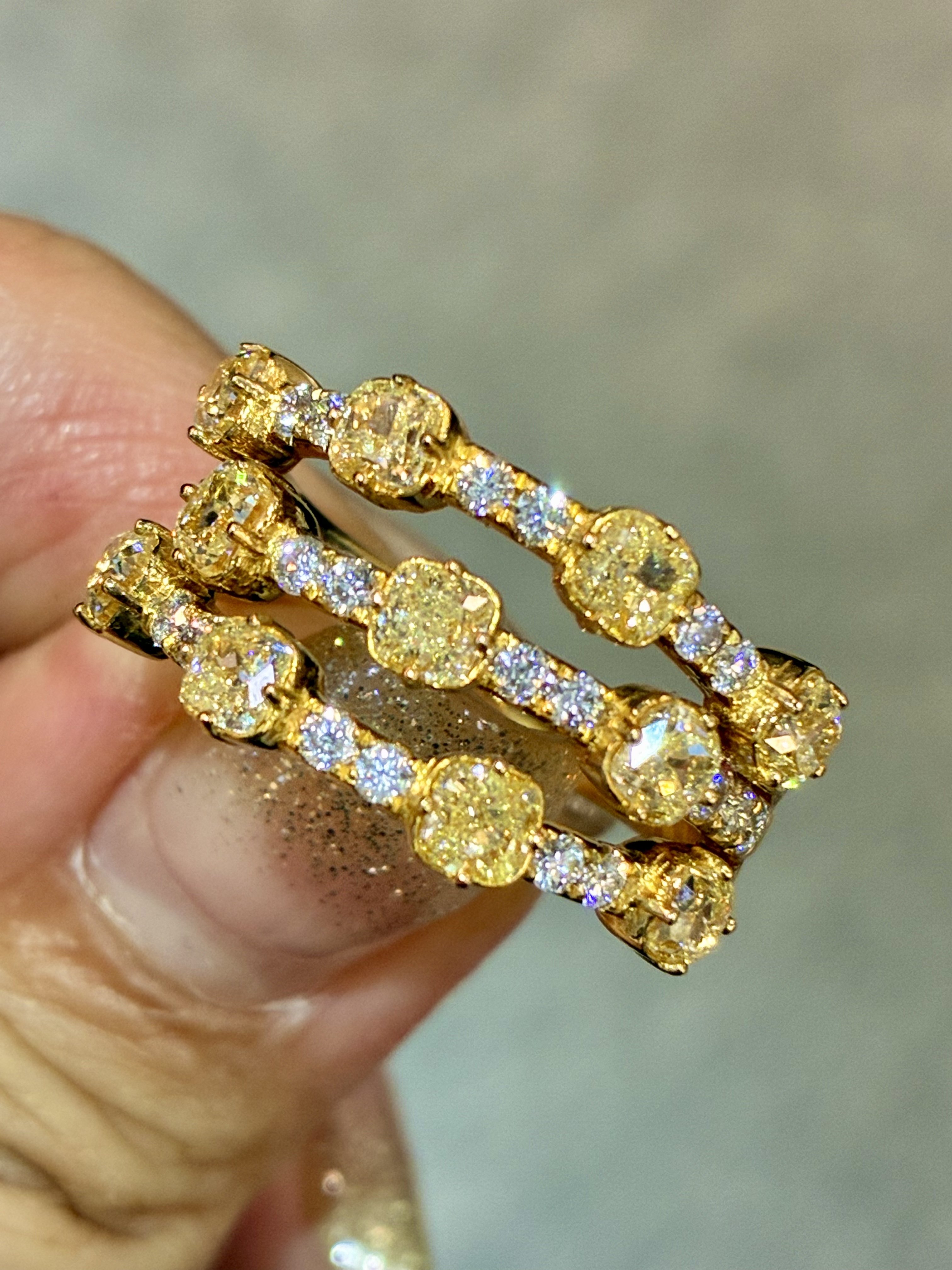 老钱风宽版7.5克18k金黄钻戒指三排钻戒 黄钻2.27克拉 配白钻55分