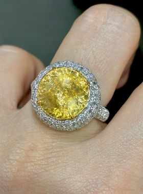 收藏级 无烧10克拉 天然黄色蓝宝石戒指13.9克重工18K金2克拉钻石