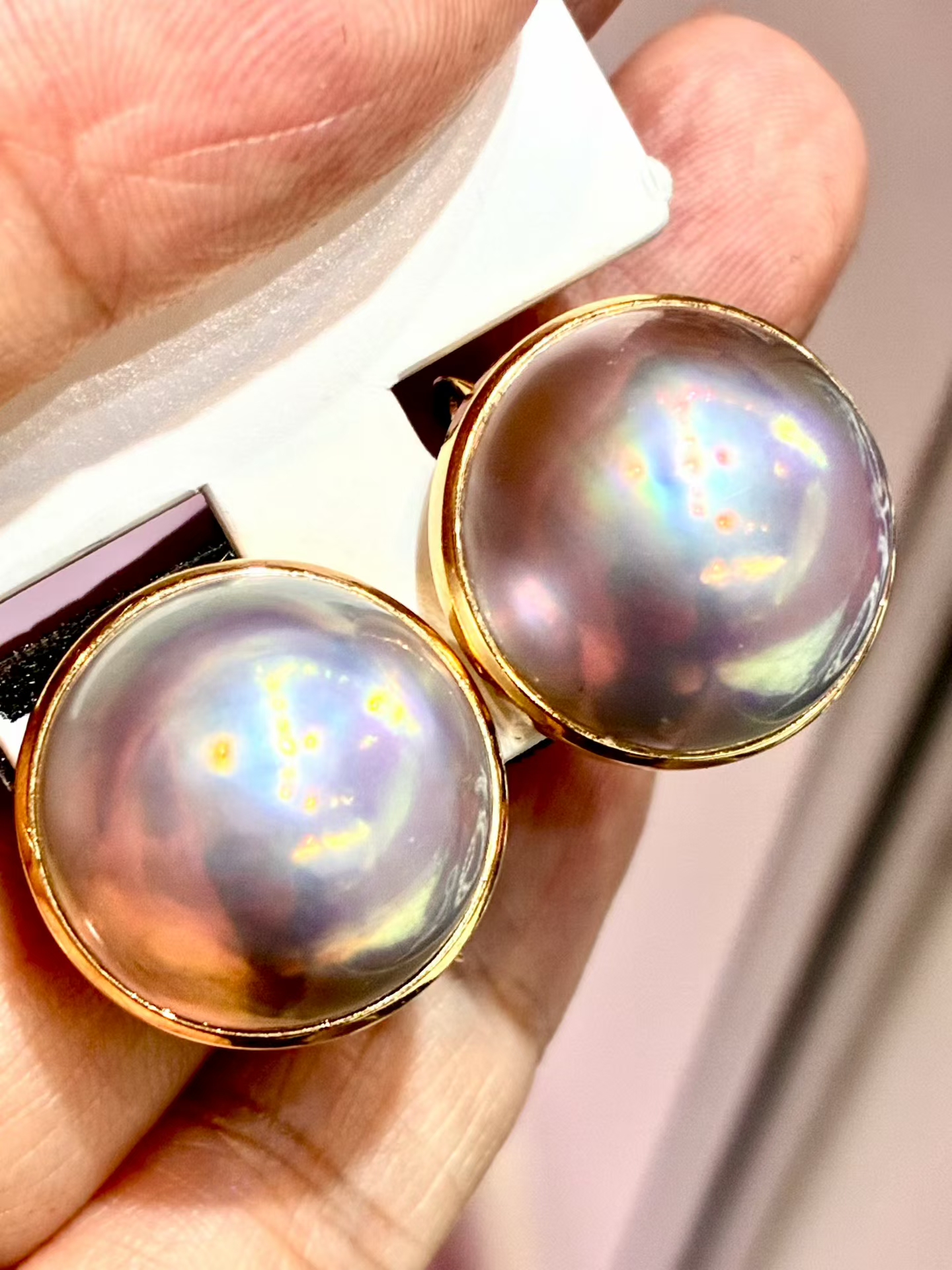 Ta家正品 裸珠17.3mm炫光 超亮粉紫色大马贝耳环 11.5克厚金14K金