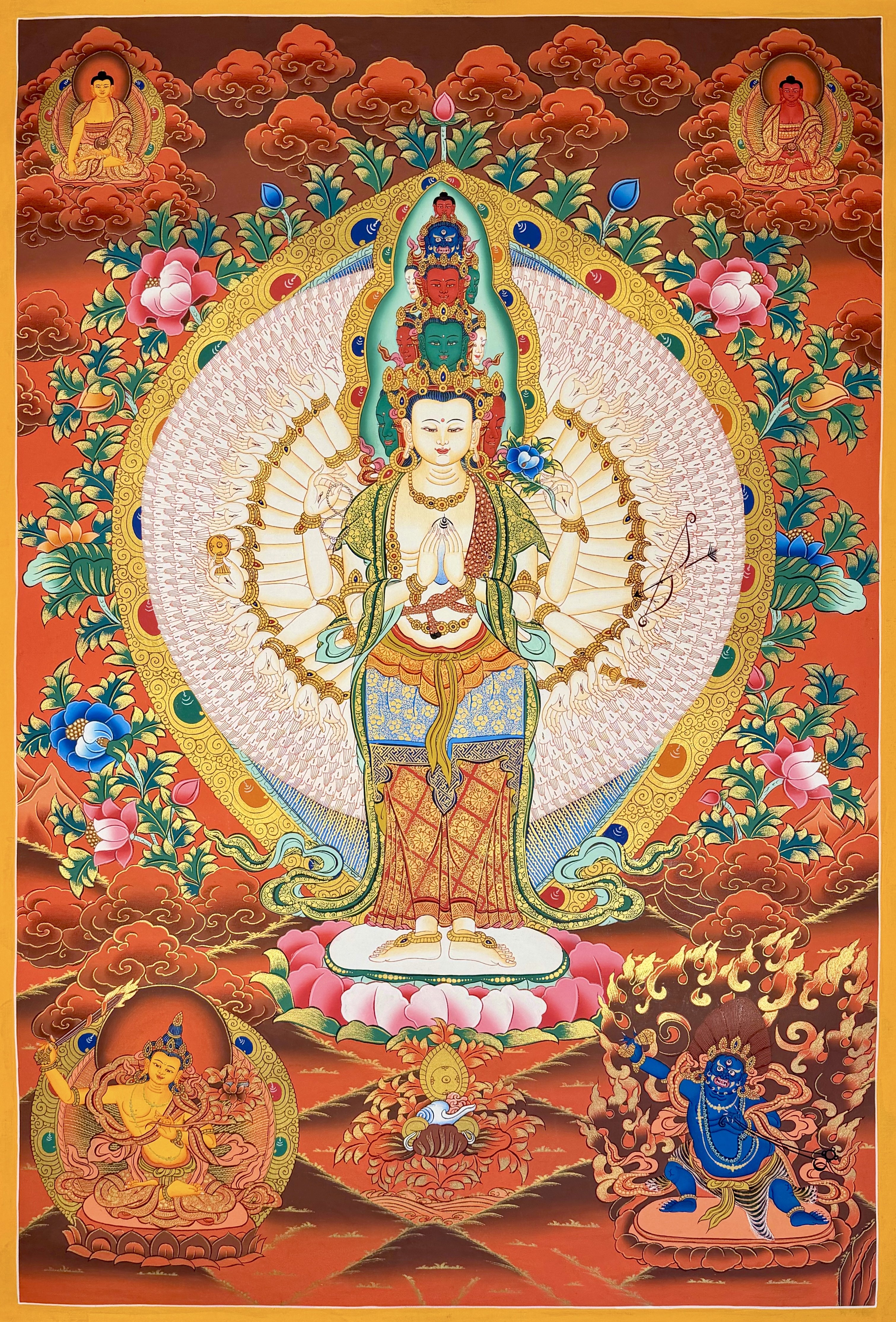 尼泊尔手绘唐卡装饰画红唐千手千眼观世音菩萨尺幅76&times;50