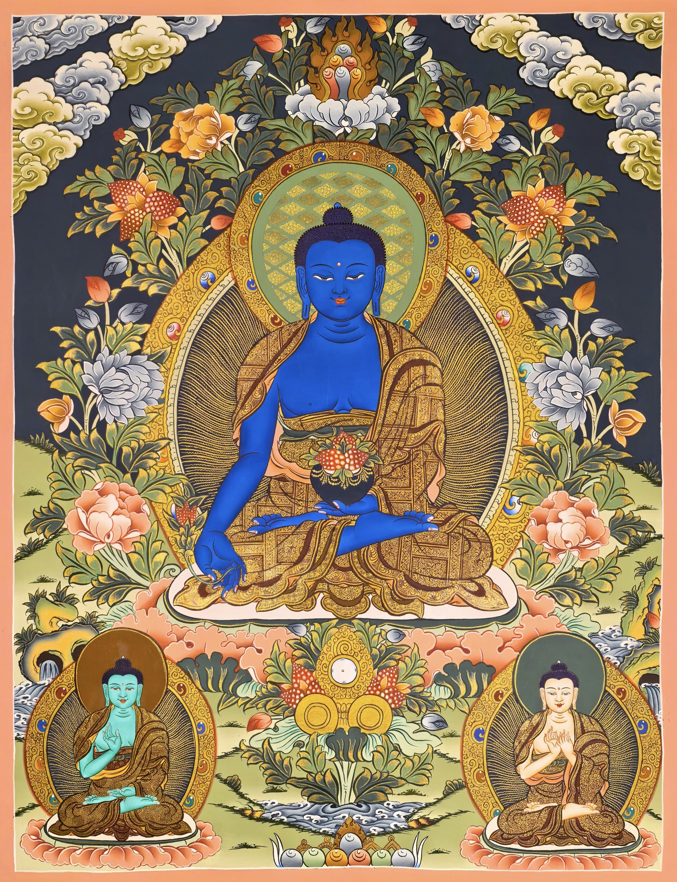 藏族画师诺顿老师矿彩手绘佛卡意境观想唐卡装饰画药师佛60&times;46