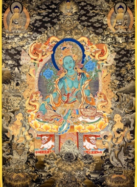 青海热贡多杰仁青矿物颜料纯手绘唐卡装饰挂画黑金彩绿度母高1米