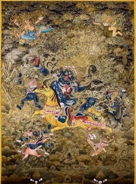 青海热贡画师矿彩手绘佛卡客厅书房装饰黑唐卡吉祥天母尺100×70