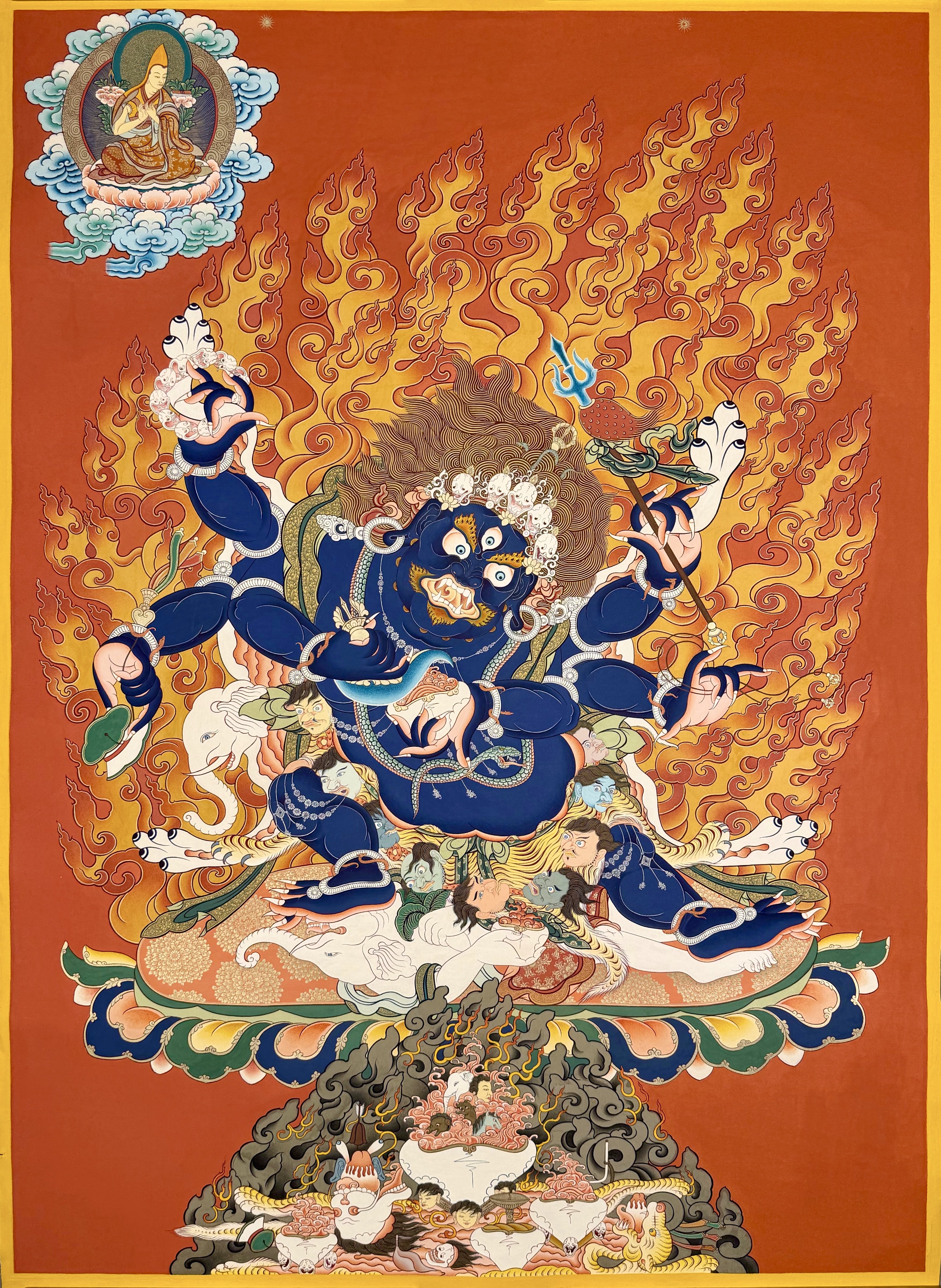 青海热贡画僧亲工手绘矿物颜料红金唐卡装饰佛画大黑天尺80×56