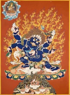 青海热贡画僧亲工手绘矿物颜料红金唐卡装饰佛画大黑天尺80×56