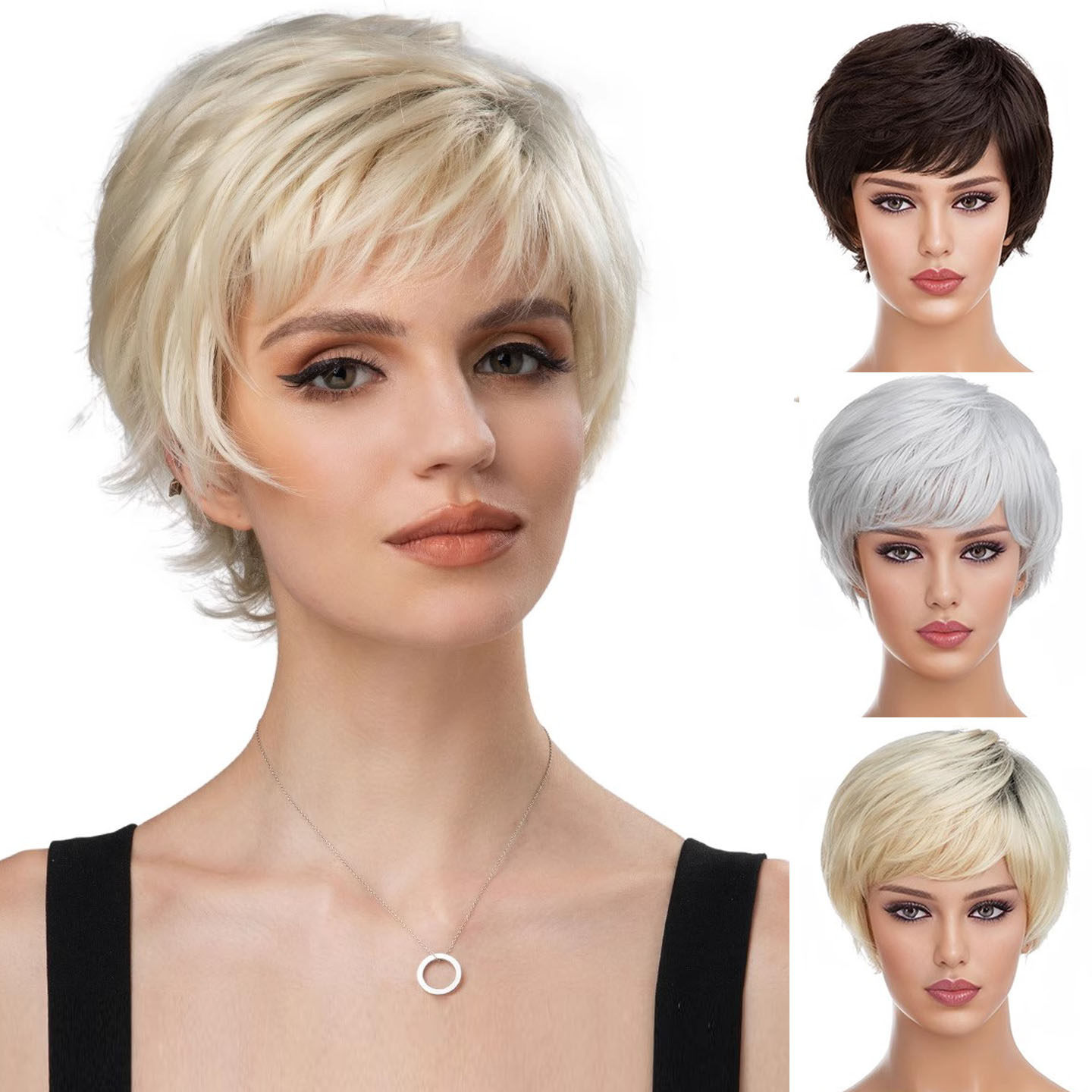欧美假发女微斜刘海短直发假发头套仿真发金色渐变短发Short Wigs
