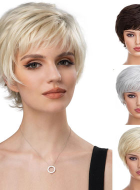 欧美假发女微斜刘海短直发假发头套仿真发金色渐变短发Short Wigs