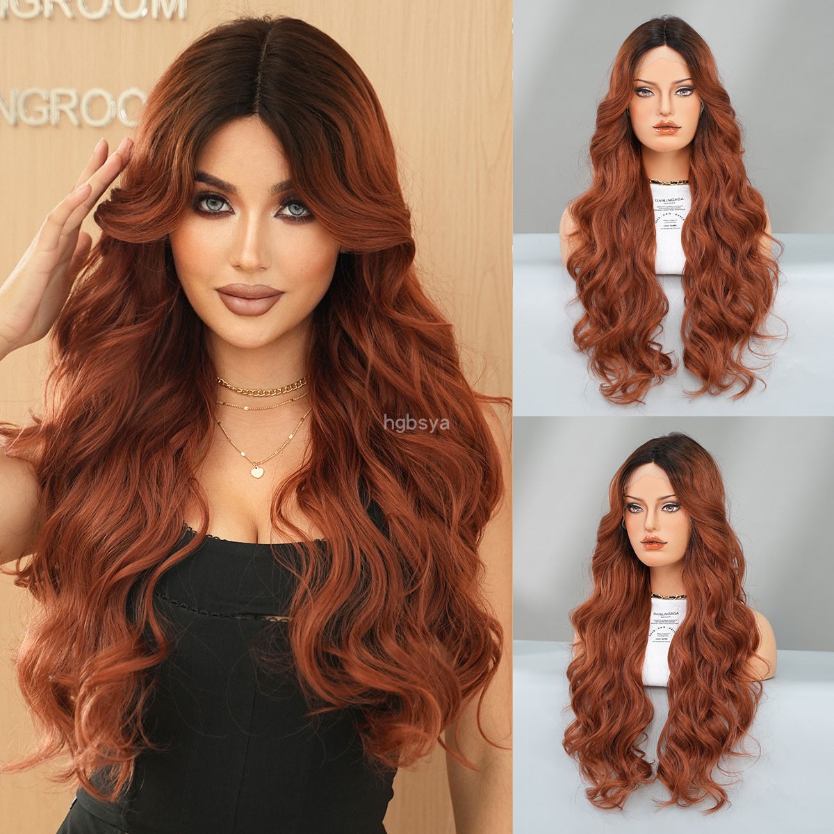 焦糖棕色假发小T蕾丝中分刘海大波浪假发欧美修脸长卷发lace wigs