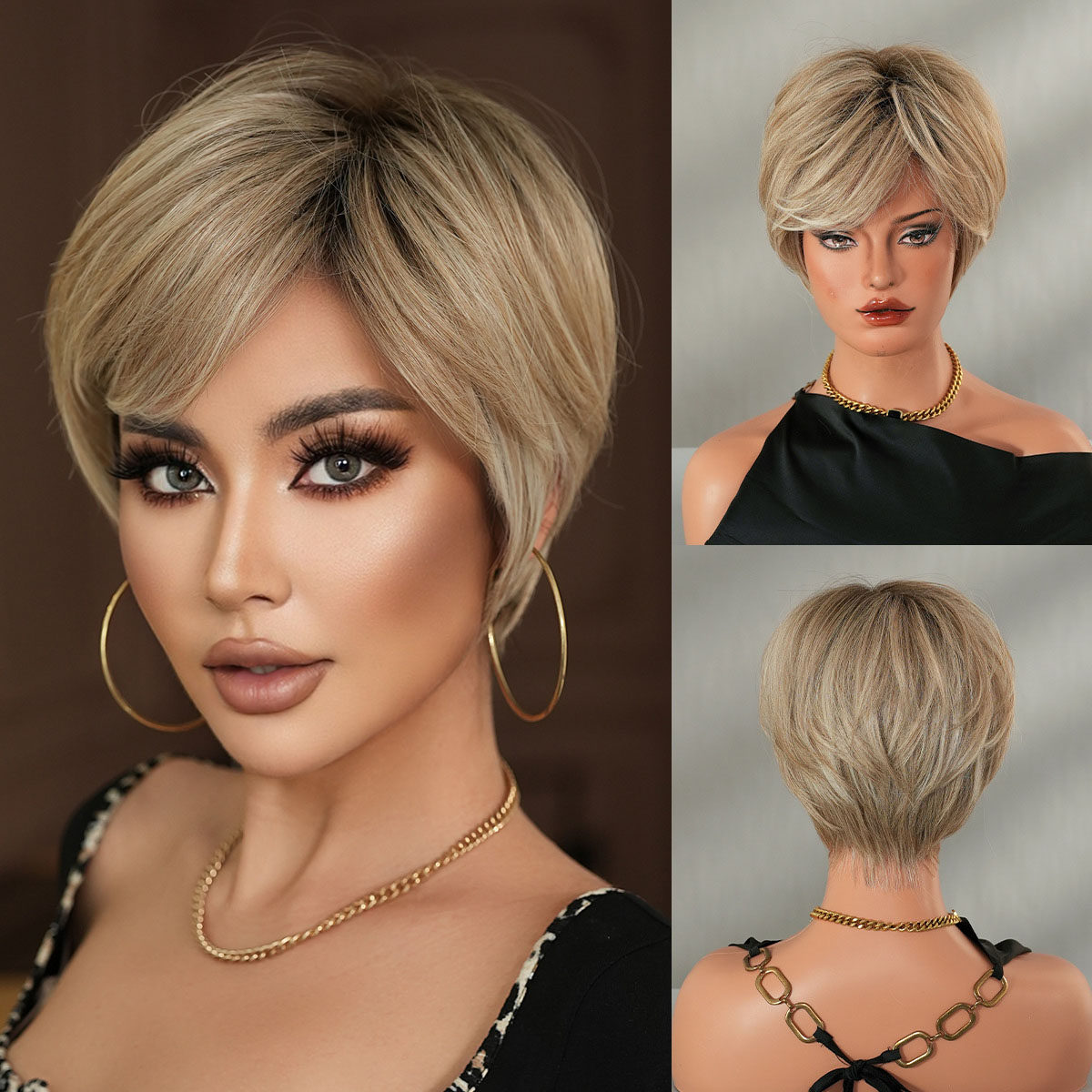 欧美假发女磨砂丝斜刘海短直发假发全头套蓬松米色短发Short Wigs