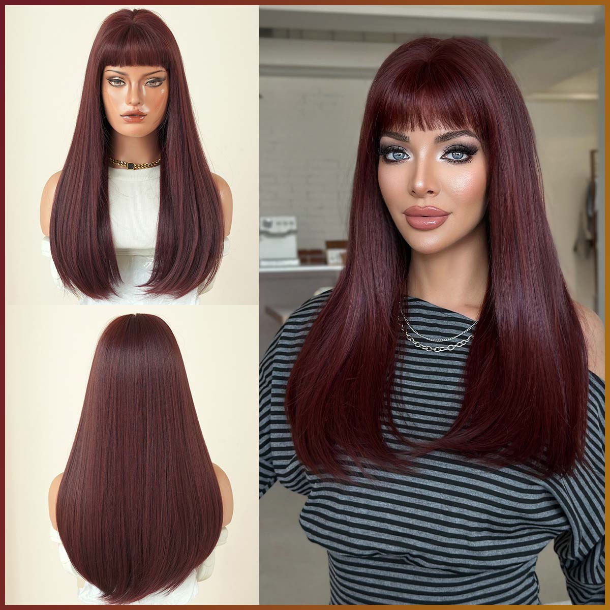 欧美假发女眉上齐刘海中长直发假发头套自然仿真发樱桃红长发wigs