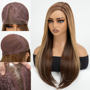 wig 欧美假发女mono蕾丝侧刘海长直发假发仿真金色渐变长发套lace