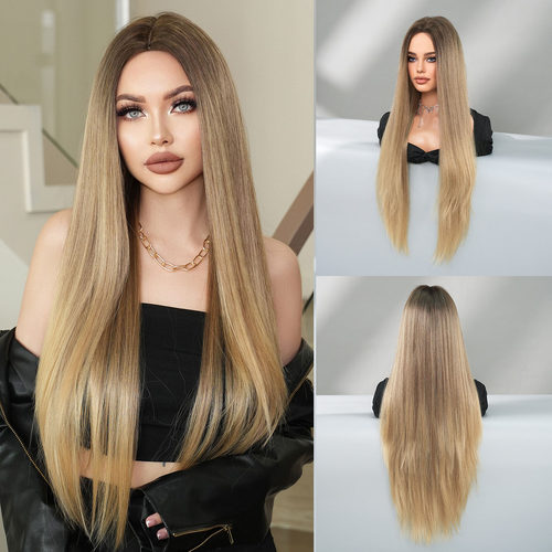 北欧自然金色假发女中分长直发假发全头套自然修脸长发Blonde Wig