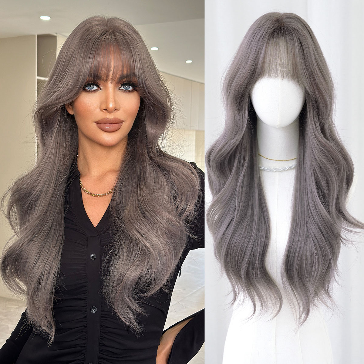 灰紫色假发女蓬松大波浪齐刘海长卷发假发全头套蓬松自然仿真wigs