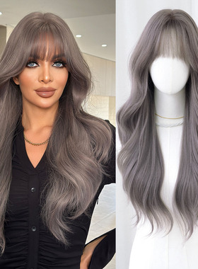 灰紫色假发女蓬松大波浪齐刘海长卷发假发全头套蓬松自然仿真wigs