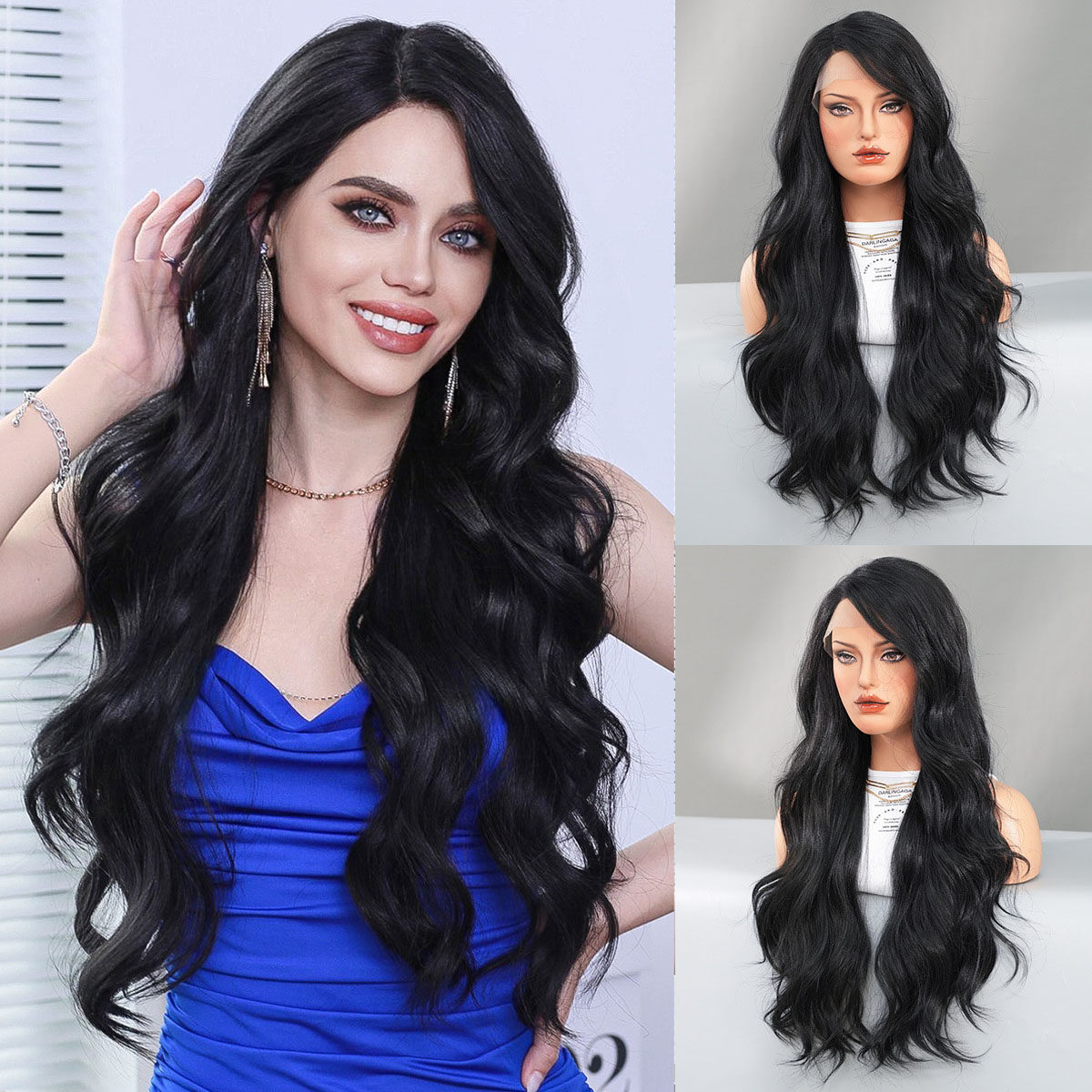 烟黑色假发女小T蕾丝侧分长卷发假发欧美大波浪假头套lace wigs