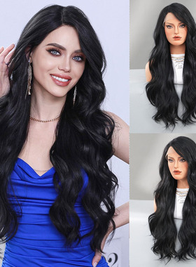 烟黑色假发女小T蕾丝侧分长卷发假发欧美大波浪假头套lace wigs