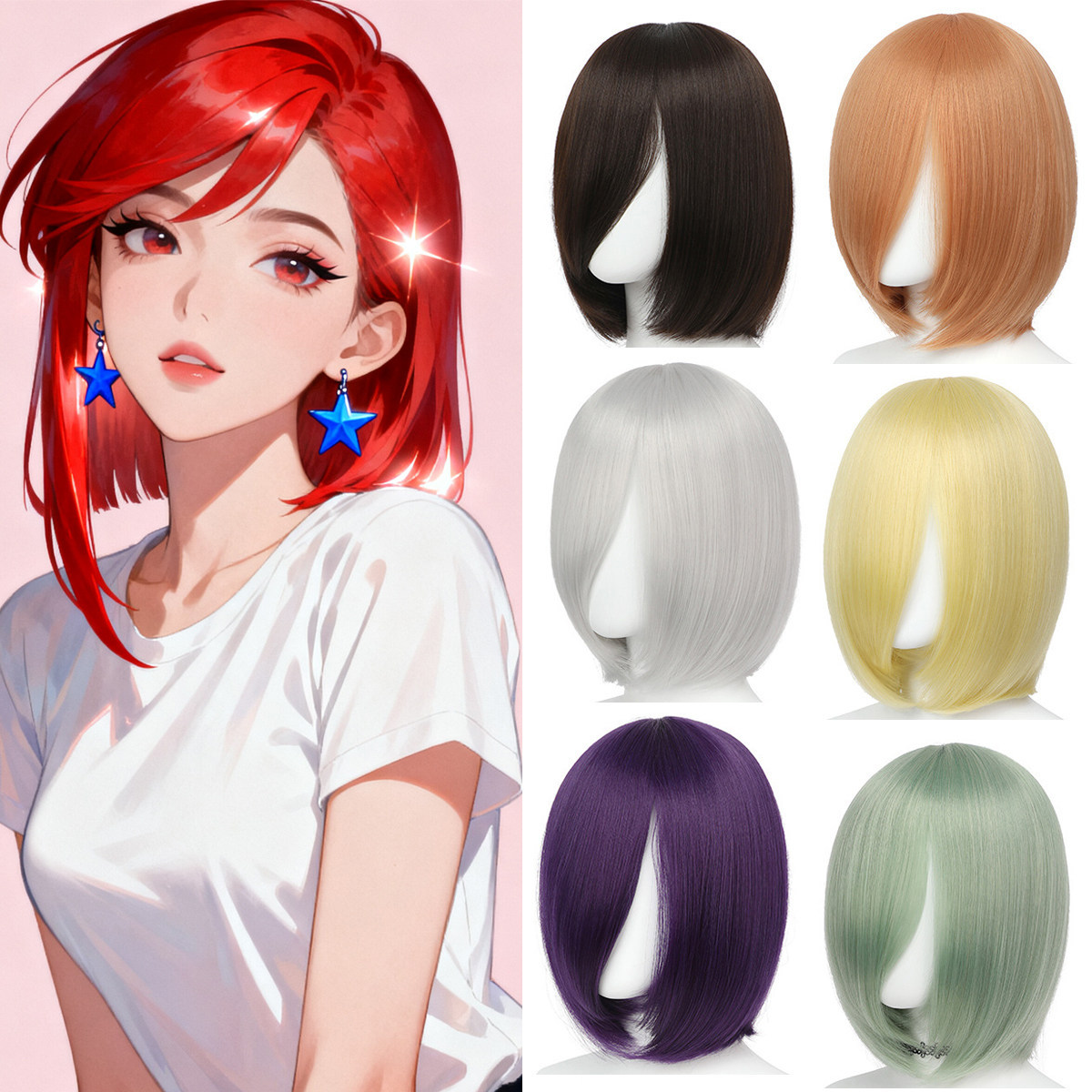 万用cos假发彩色毛娘练手造型发尾内扣中长刘海短发假发假毛wigs