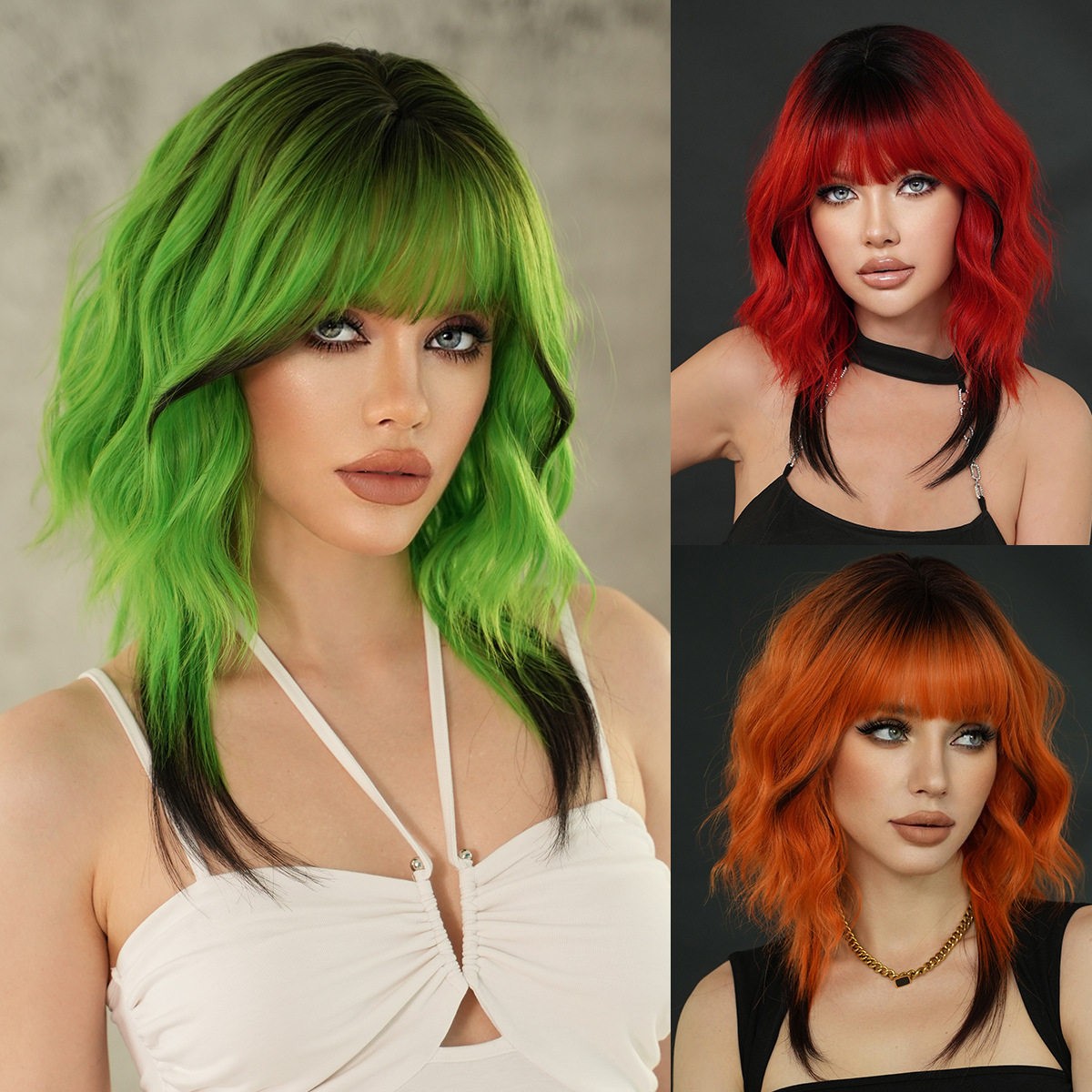 红绿橙彩色狼尾假发女短卷发假发全头套蓬松自然COS齐肩发wigs
