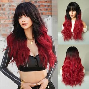 欧美假发女齐刘海长卷发假发套红色渐变蓬松自然大波浪Red Wigs