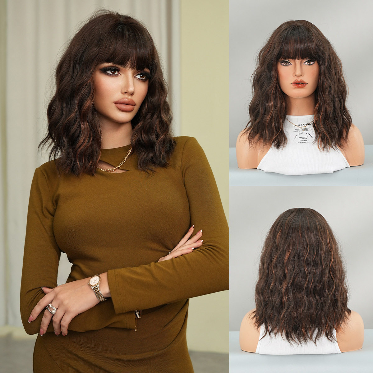 欧美金假发女齐刘海短卷发假发全头套自然修脸金色挑染短发wigs