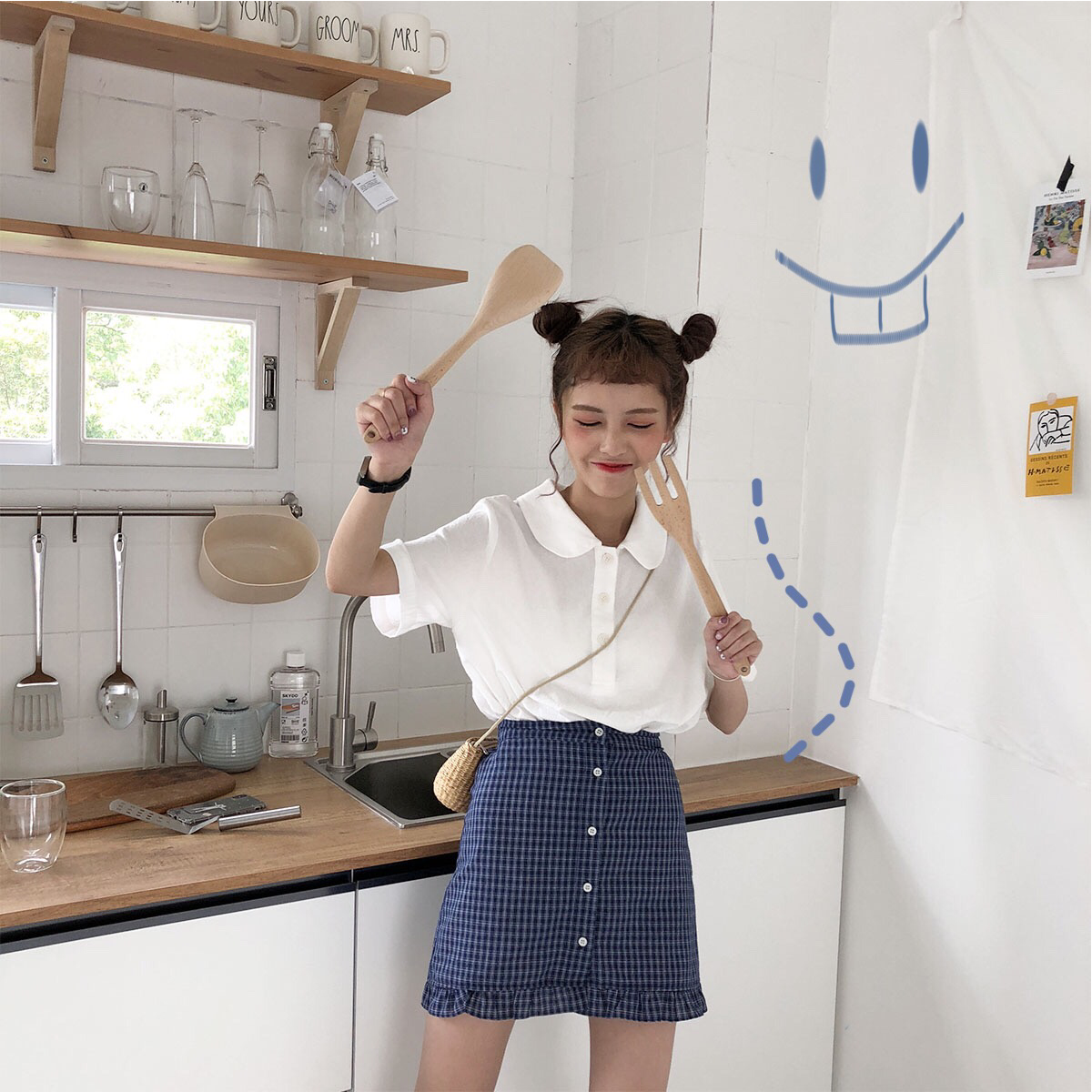 陸小團團2018韓國夏季小清新純色寬松顯瘦襯衣短袖學生上衣女chic