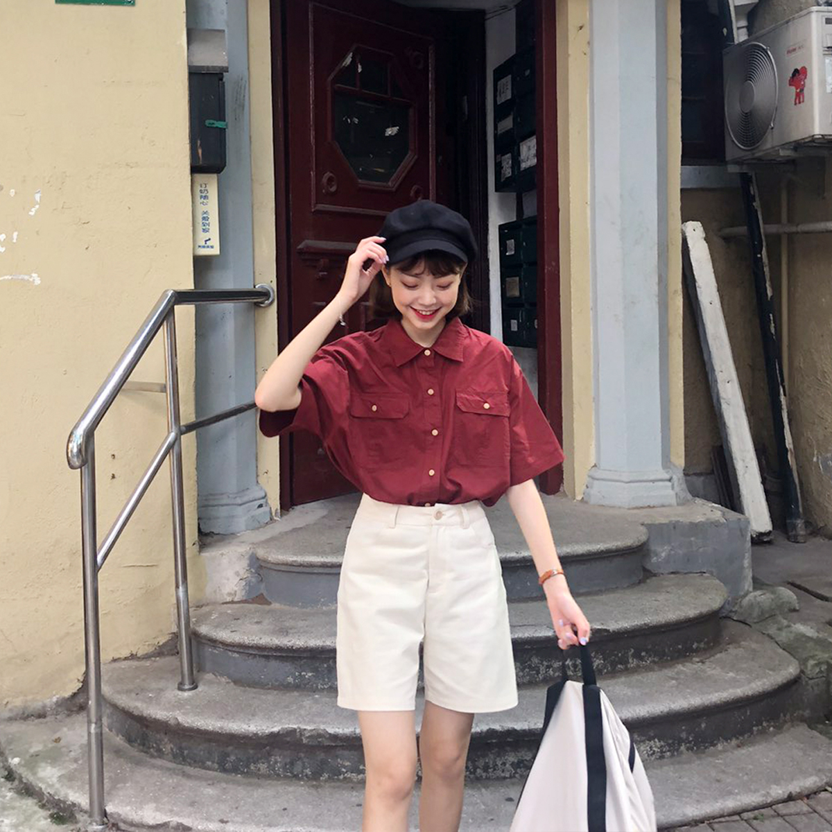 陸小團團 韓系紅色復古短袖襯衫女2018早秋新款顯瘦襯衣上衣女裝