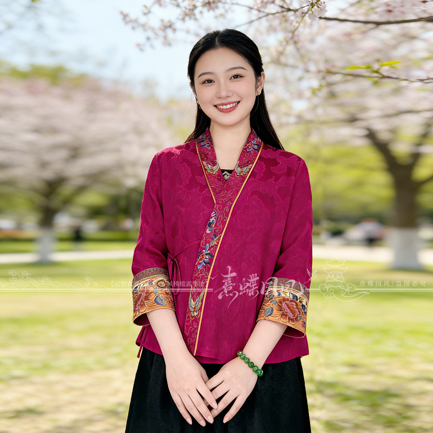春秋新款新中式国风刺绣上衣女八分袖交领宽松玫红色气质百搭外套