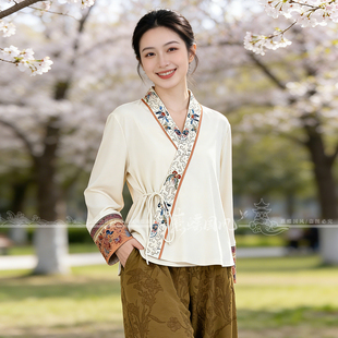 千椿物喜新中式国风刺绣气质斜襟长袖气质百搭V领T恤打底衫外套