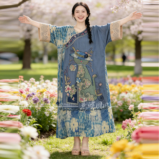 楚馨千椿物喜原创民族风新中式国风复古文艺刺绣连衣裙袍子袍服