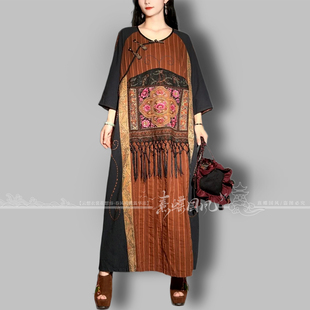 原创民族风重工复古国风刺绣花气质圆领落肩袖 宽松袍子连衣裙长裙
