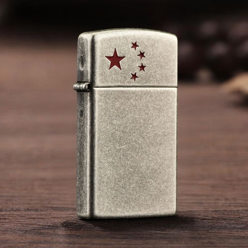 zippo打火机正品 纤巧仿古银红五星 退伍纪念五角星窄版打火机