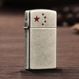 zippo打火机正品 纤巧仿古银红五星 退伍纪念五角星窄版打火机