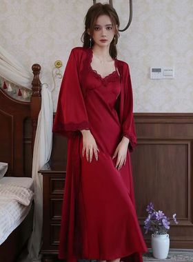 冰丝吊带睡衣女春夏宫廷风红色本命年新娘晨袍睡裙两件家居服套装