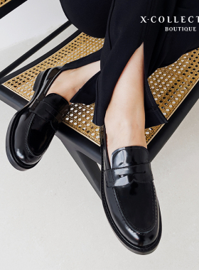 Xcollection boutique经典复古真皮圆头乐福鞋粗跟厚底小皮鞋百搭