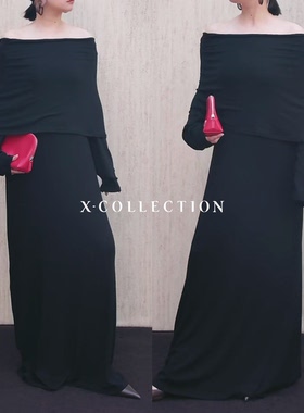 Xcollection原创设计感小众露肩两穿连衣长裙