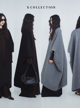 xcollection25冬 慵懶廓形斗篷式双面呢羊毛羊絨混纺大衣保暖女