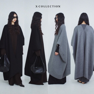 xcollection25冬 慵懶廓形斗篷式双面呢羊毛羊絨混纺大衣保暖女