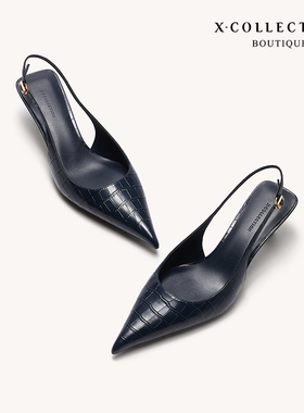 Xcollection24新品高端线鳄鱼纹酒杯跟尖头浅口一字带凉鞋女