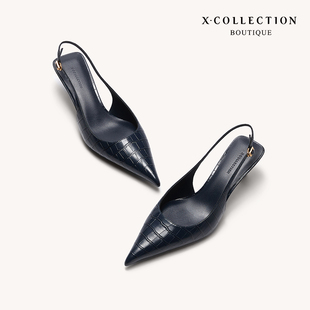 Xcollection24新品高端线鳄鱼纹酒杯跟尖头浅口一字带凉鞋女
