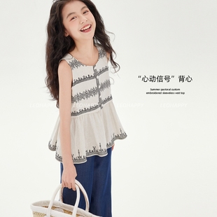 leobaby女童背心夏季 外穿中大童洋气上衣 新款 儿童亚麻棉刺绣无袖