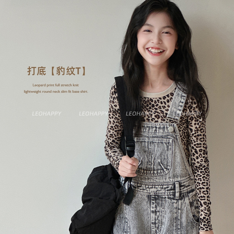 LEOHAPPY女童长袖T恤春夏新款儿童打底外穿豹纹弹力休闲针织衫N