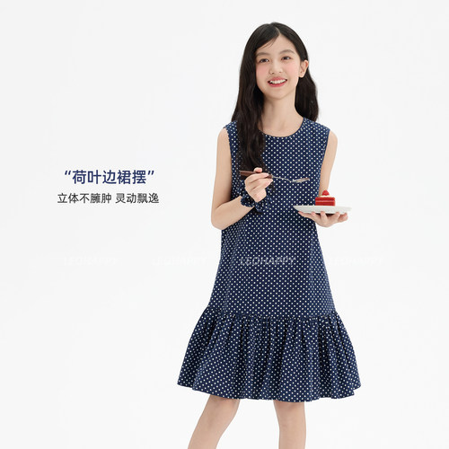 女童波点连衣裙荷叶边儿童背心裙