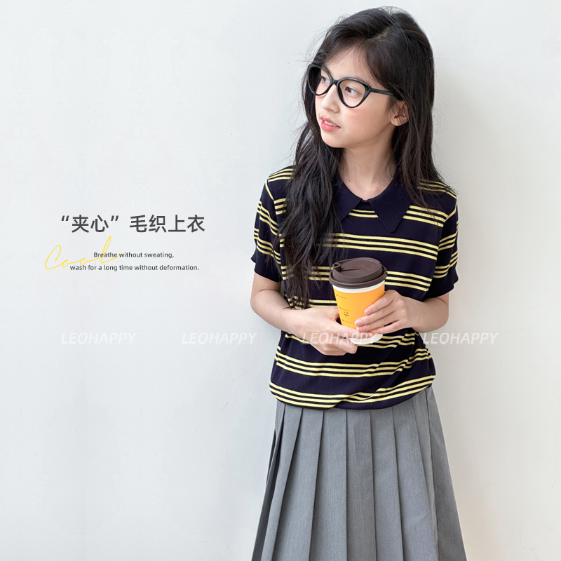 女童短袖冰爽丝条纹衫针织短袖